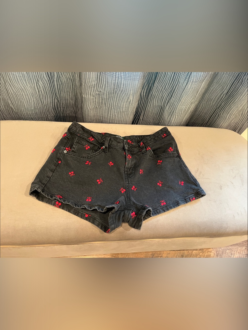 wild fable Black Denim Shorts with Red Cherry Embroidery